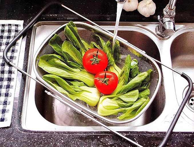 Over The Sink Stainless Steel Oval Colander with Expandable Rubber Grip Handles Strainers, Fine Mesh Strainer Basket Kitchen 6 Quarts Colander for Strain, Drain, Rinse Fruits, Vegetables