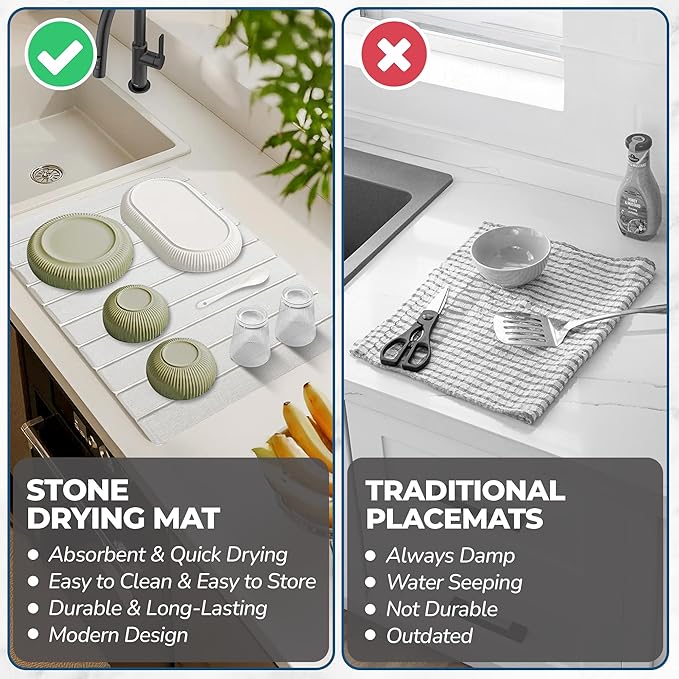 Premium Stone Dish Drying Mat – Large Foldable Kitchen Counter Mat, Super Absorbent Diatomaceous Earth with Coasters, Brush & Anti-Slip Pad – Fast Drying, White