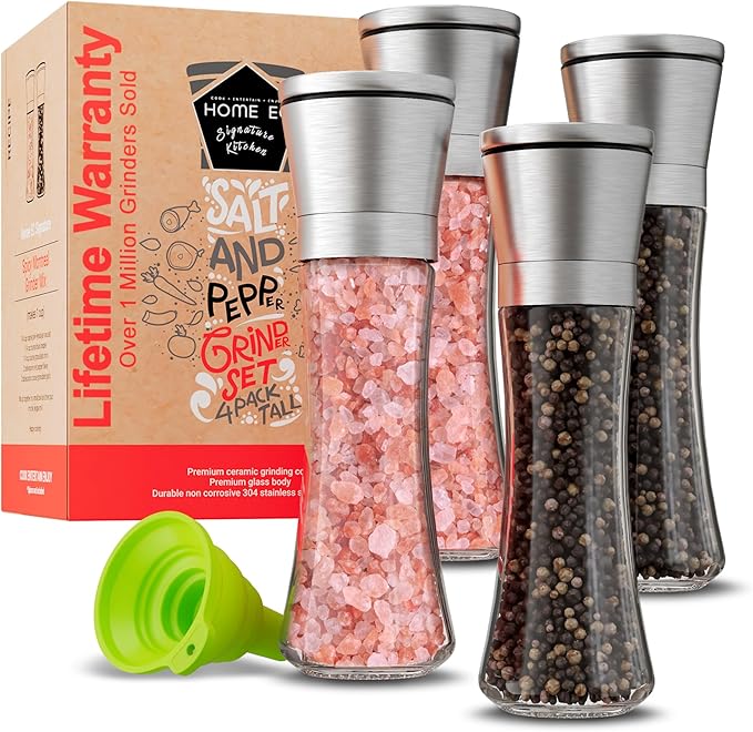 Home EC Original Stainless Steel Sea Salt and Pepper Grinder Set of 4 - Adjustable Ceramic - Tall Glass Salt and Pepper Shakers Mills - Modern Kitchen Spice Mill W/Funnel & EBook
