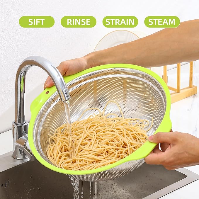 Colander Stainless Steel Microporous, 4QT Large Capacity Rice Strainer with Mixing Bowl, Rice Washing Bowl Set with Handle, Food-Grade Strainers and Colanders for Kitchen, Dishwasher Safe