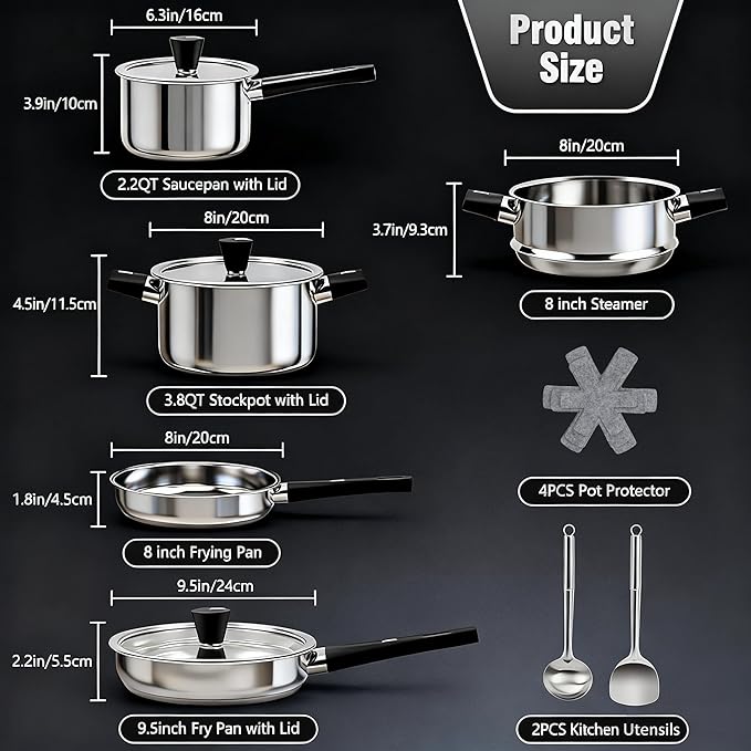 Stainless Steel Cookware Set, 14-Piece Pots and Pans Set, Kitchen Cookware Set with Stay-Cool Handle, Non-Toxic, Dishwasher Safe & Compatible with All Stovetops (Gas, Electric & Induction)