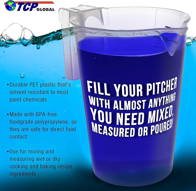 TCP Global 2 Liter (2000ml) Plastic Graduated Measuring and Mixing Pitcher (Pack of 4) - Holds Over 2 Quarts (64oz) - Pouring Cup, Measure & Mix Paint, Resin, Epoxy, Kitchen Cooking Baking Ingredients