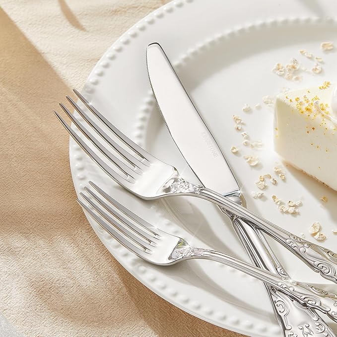 KINGSTONE Vintage Silverware Set, 40-Piece 18/10 Stainless Steel Retro Royal Flatware Cutlery Set for 8 with Carved Thick Handles, Tableware Utensils for Home,Party,Restaurant,Wedding,Dishwasher Safe