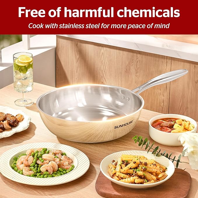 Sunhouse – 8 Inch / 20 cm Stainless Steel Frying Pan, Tri-Ply Stainless Steel Construction, PFOA-FREE, Stay-Cool Handle, Induction Compatible with All Cooktops, Dishwasher Safe