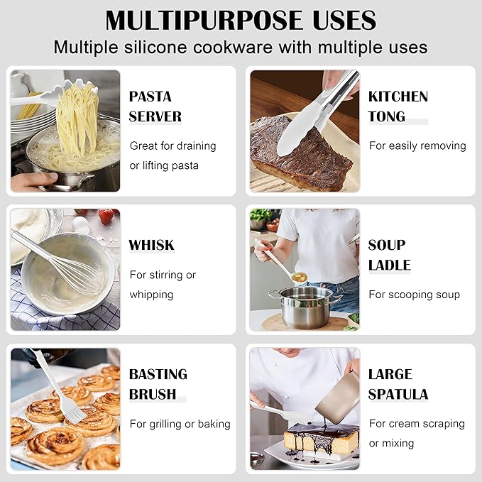 HaWare Kitchen Utensils, 14 PCS Silicone Cooking Utensils Set, Heat Resistant Kitchen Utensils for Non-stick Cookware, Kitchen Gadgets Tools with Spoons, Spatulas, Whisk, Dishwasher Safe (White)