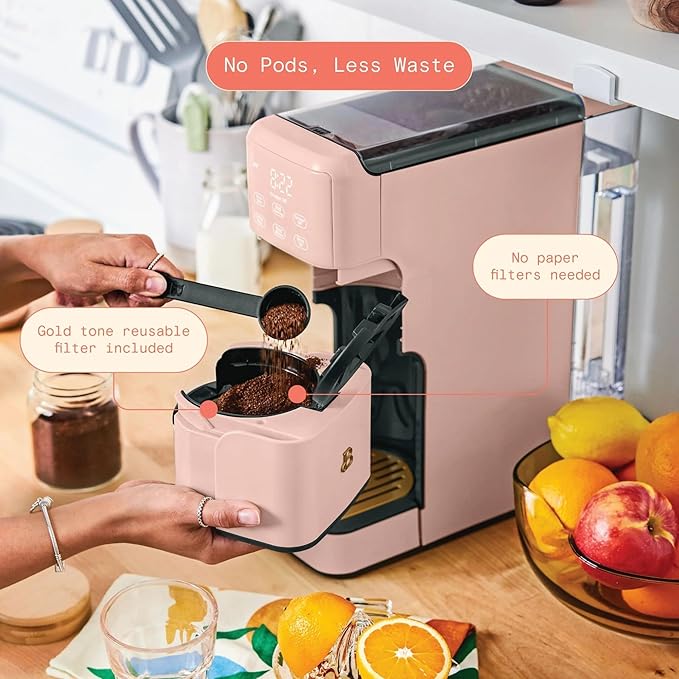 Beautiful Perfect Grind Programmable Single Serve Coffee Maker with Touch Display and Integrated Burr Grinder, Auto Coffee Strength Selection, 64oz Water Reservoir (Rose)