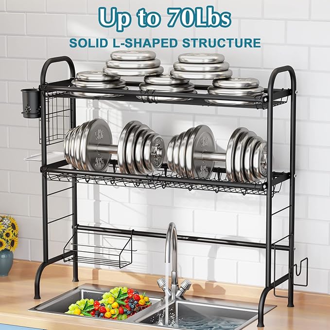 HOWDIA Over The Sink Dish Drying Rack, 3-Tier Stainless Steel Large Over The Sink Dish Rack with Utensil Holder Dish Drainers for Kitchen Counter