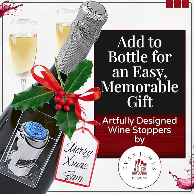 Millefiori Glass Champagne Stopper – With an Airtight Seal Protects Sparkling Wine, Prosecco, and Cava CO2 & Taste – Hanging Box for Champagne Gifts by Evan James Designs (Blue & Red)