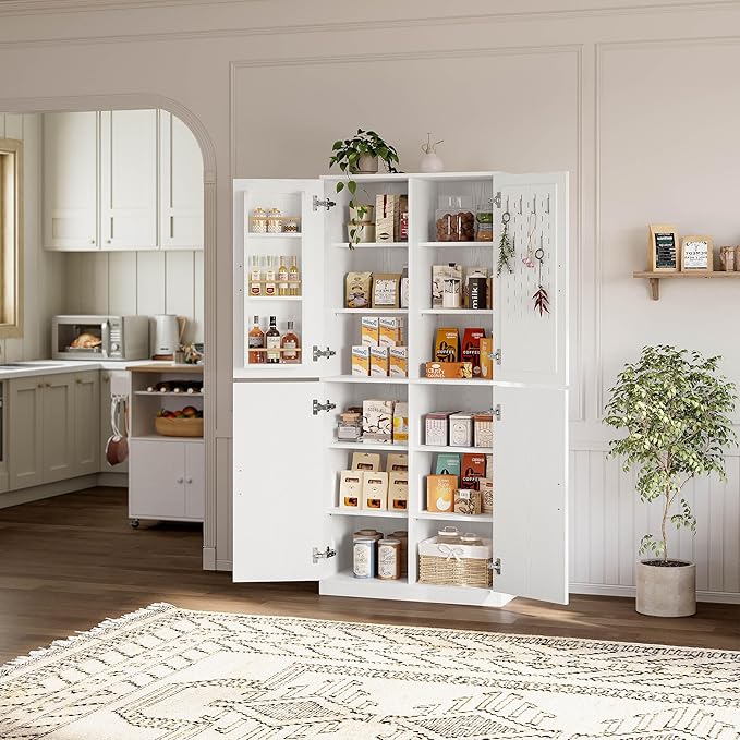 IRONCK 71" Kitchen Pantry Storage Cabinet with Storage Rack, Pegboard Doors, 4 Adjustable Shelves, Food Pantry Cabinet, Freestanding Tall Cupboard for Dining Room, Kitchen, White