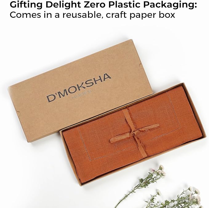 D'Moksha Homes Linen Rust Table Runner 120 Inches Long - 100% Pure Linen Hemstitch 14 x 120 Inch Table Runner for Dining and Fall, Halloween - Classic Hemstitch