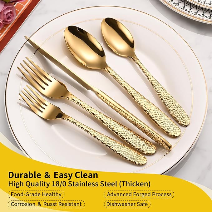 Gold Hammered Silverware Set, 20-Piece Heavy Duty Stainless Steel Flatware Sets for 4, Food-Grade Cutlery Set for Home Restaurant, Mirror Polished, Dishwasher Safe