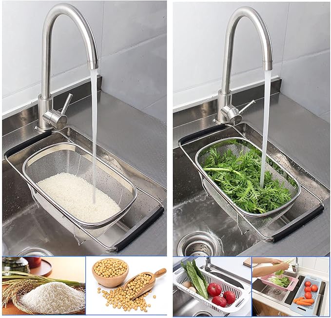Over The Sink Colander, 4 Quarts Stainless Steel Oval Colander with Expandable Rubber Grip Handle, Fine Mesh Strainer Baskets Kitchen Colander for Strain, Drain, Rinse Vegetables, Fruits, Black