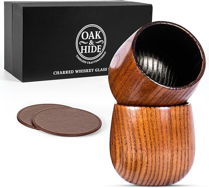 Oak & Hide Charred Oak Whiskey Glasses Wooden Set of 2 with 2 Premium Leather Coasters – Perfect Birthday, Anniversary, Bachelor, or Father’s Day Gift for Men