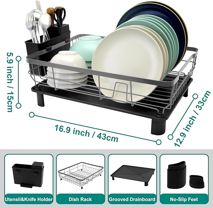 Dish Drying Rack for Kitchen Counter,Space-Saving Dish Rack with Drainboard,Rustproof Countertop Dish Drainer with Utensil Holder for Sink,Gray