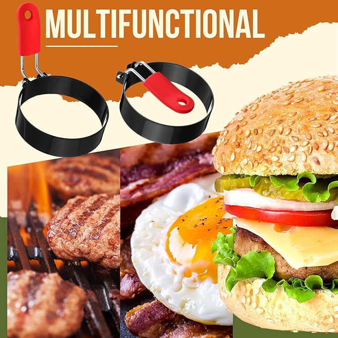 Nonstick Egg Rings Set with Silicone Handle, 6 Pcs Stainless Steel Egg Cooking Rings for Breakfast, Sandwich, Muffins with Oil Brush, Separator, 5 Shapes