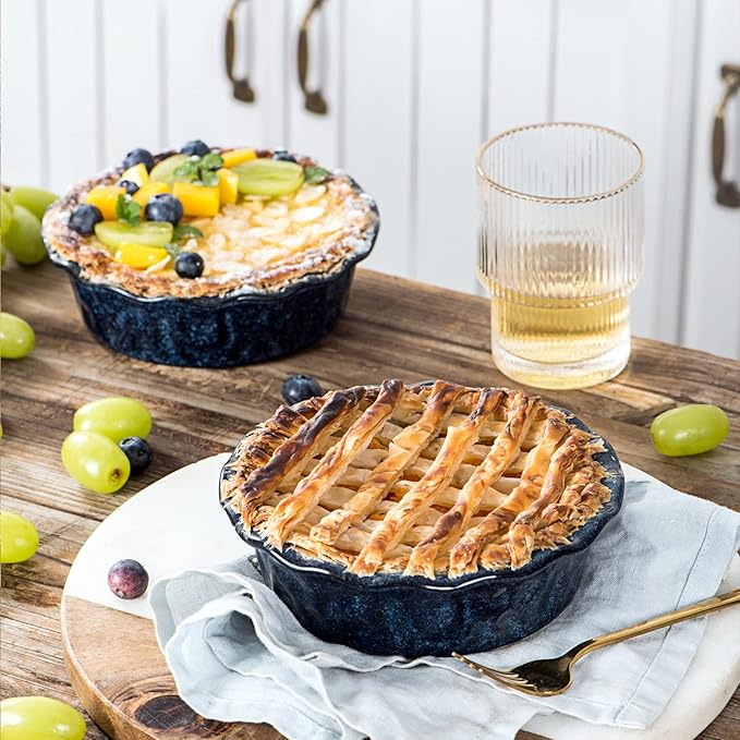 vicrays Ceramic Pie Pan for Baking - 5.5 inch Small Pie Plates Deep Dish Round Pot Casserole Mini Serving Bowl, Microwave Oven Safe for Dessert Apple Pie Cake Tart Pizza, Set of 6 - Blue
