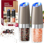 CIRCLE JOY Gravity Electric Salt and Pepper Grinder Set Automatic Salt and Pepper Grinder Set with LED Light, Battery Operated, Adjustable Coarseness, Large Capacity, for Home Kitchen BBQ, Brown