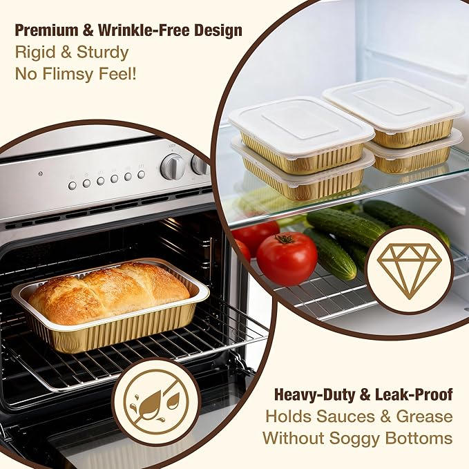 Aluminum Foil Pan with Lids,Heavy Duty Aluminum Pan, Disposable Aluminum Pans,Gold Foil Pans, Deep Container for Heating, Baking, Cooking,BBQs,Parties,Storing,Catering(74.4oz 15 Pack w/Lids)