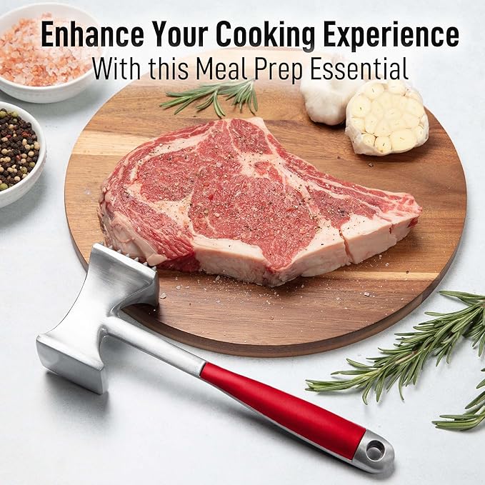 Zulay 10" Meat Tenderizer Hammer – Heavy-Duty Dual-Sided Mallet with Non-Slip Grip – Metal Meat Pounder for Tenderizing Beef, Chicken, Pork & More – Kitchen Tool for Cooking & BBQ - Red