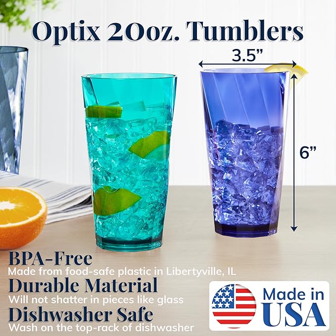 US Acrylic Optix Plastic Reusable Drinking Glasses (Set of 8) 20oz Water Cups in Coastal Colors | BPA-Free Tumblers, Made in USA | Top-Rack Dishwasher Safe