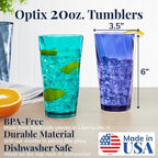 US Acrylic Optix Plastic Reusable Drinking Glasses (Set of 8) 20oz Water Cups in Coastal Colors | BPA-Free Tumblers, Made in USA | Top-Rack Dishwasher Safe