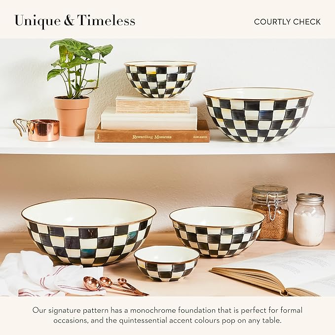 MACKENZIE-CHILDS Enamel Everyday Bowl, Serving Bowl for Entertaining, Large, Black-and-White Courtly Check, Set of 1