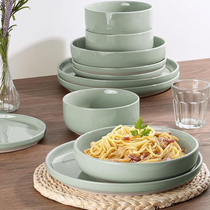 HaWare 16-Piece Plates and Bowls Set for 4, Stoneware Dinnerware Sets with Pasta Bowl, Dishes Set for Home Restaurant, Speckled Asparagus Green