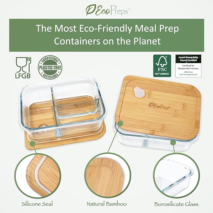 Large Glass Bento Box Containers with Bamboo Lids, 3 Compartment Glass Meal Prep Container Set (2 Pack, XL) - 100% Plastic Free, Eco-Friendly Lunch Containers, Bento Boxes for Adults