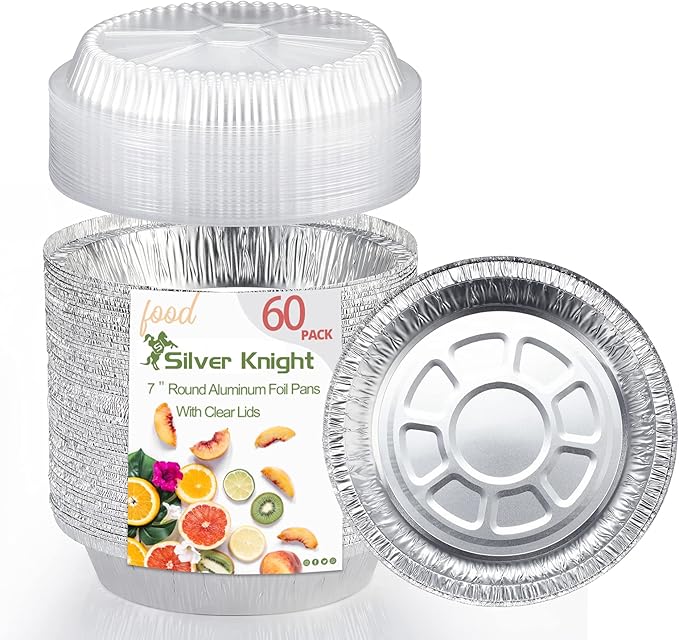 Silver Knight (60 Pack) 7-Inch Round Aluminum Pans Disposable with Plastic Dome Lids Tin Foil Pans for Roasting, Meal Prep, to-Go Containers Silver