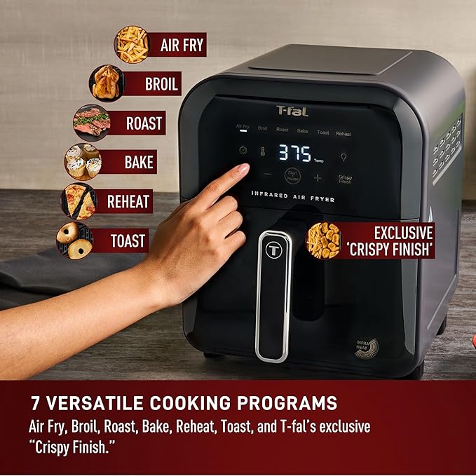 T-fal Infrared Air Fryer, 2x Faster Than Traditional Heating*, Large Air Fryer Toaster Oven Combo, 6 Qt Digital Touch Screen, 7-in-1 Cooking Functions, No-Shake Technology, 1550W, Black,