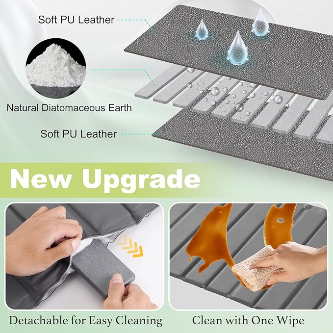 Stone Drying Mat for Kitchen Counter Collapsible, Stain-Defying PU Leather, Absorbent Diatomaceous Earth Bath Mat Quick Dry, Foldable Large Stone Dish Drying Mat for Countertop 23" x 15.3"