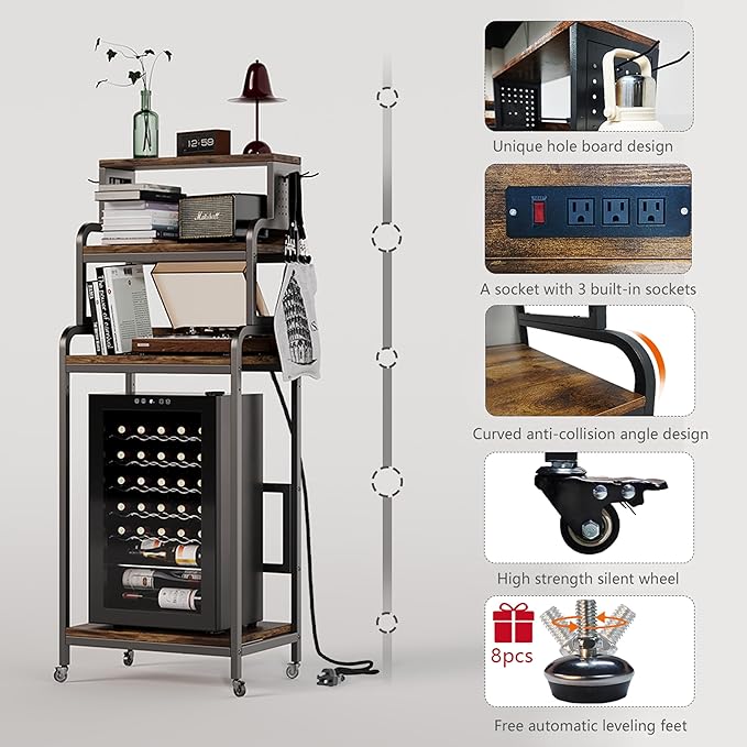 4-Tier Mini Fridge Stand with Storage,Mini Fridge Cabinet with Power Outlet,Pegboard,Bakers Rack with Storage Shelf,Microwave Oven Stand,Mini Fridge Shelf for Dorm(Vintage Brown)