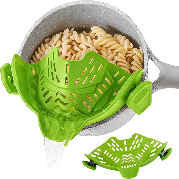 Clip On Strainer, Pot Strainer for Pasta, Vegetables, Fruit and Meat- Kitchen Silicone Strainer Colander for All Pots, Pans and Bowls (Green)