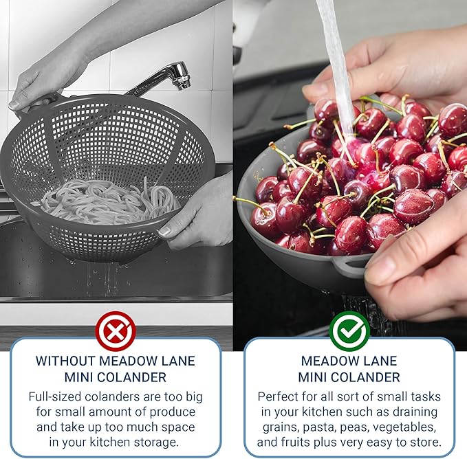 Meadow Lane 6-inch Small Colander, BPA-Free, Dishwasher Safe, Double Handles, Compact Food Strainer for Berries, Veggies and Pasta, 3-Cup Capacity, Silver Gray