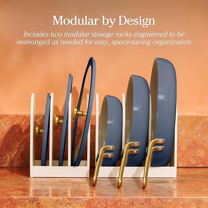 Our Place 8-Piece Essentials Complete Cookware Set - Ceramic Fry Pan Trio & Modular Rack Storage | Nontoxic Thermakind™ Nonstick, Oven Safe up to 450°F & Compatible with All Cooktops | Blue Salt