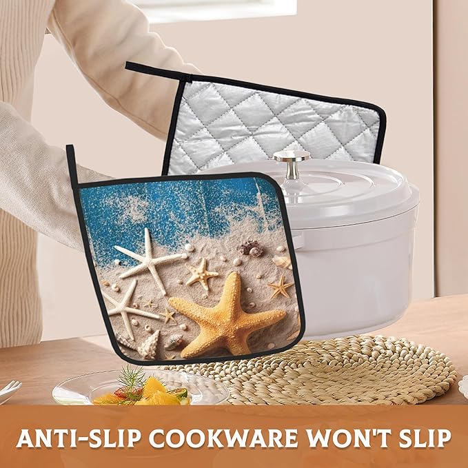 2 Pack Seashell Starfish Pot Holders for Kitchen Heat Resistant, Blue Wooden Beach Potholders for Kitchens Washable for Cooking & Baking & Microwave