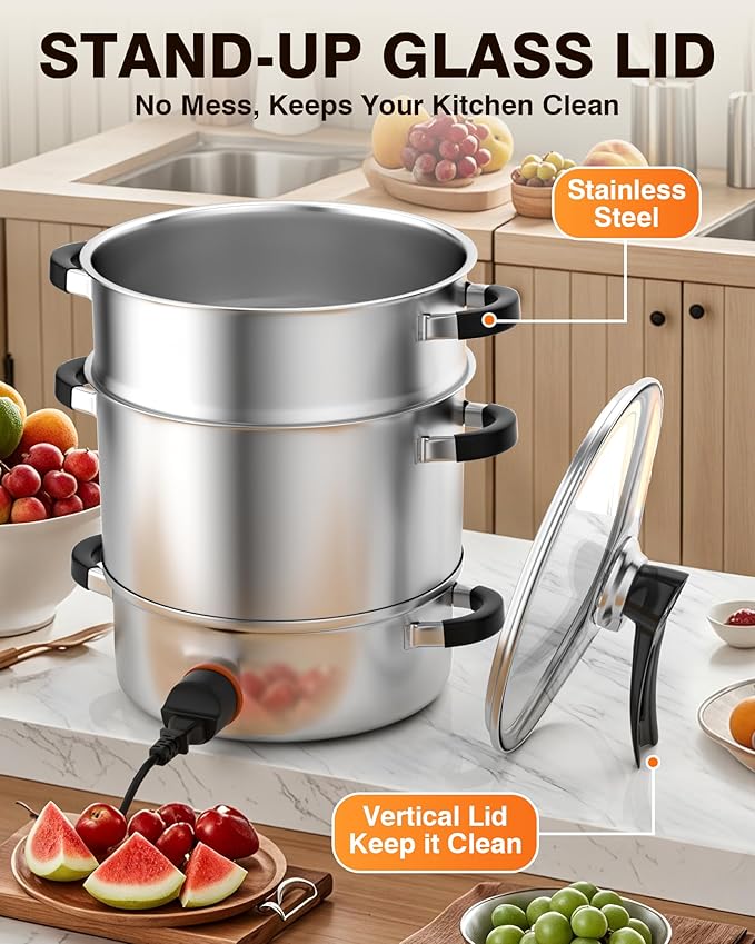 PYY Steam Juice Extractor Electric- 11QT Fruit Vegetables Steam Juicer for Canning, 3-Layer Stainless Steel with Tempered Glass Lid, Hose, Jelly, Syrup, Clamp Steamer Extractor for Making Juice