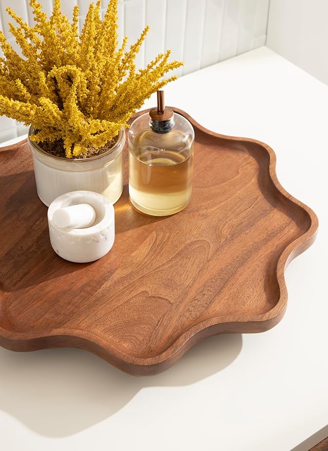 Kate and Laurel Alezar Mango Wood Wavy Round Lazy Susan Tray, 18 Inch Diameter, Walnut Brown, Scalloped Wooden Countertop Organizer with Turning Lazy Susan for Kitchen Storage or Ottoman Tray