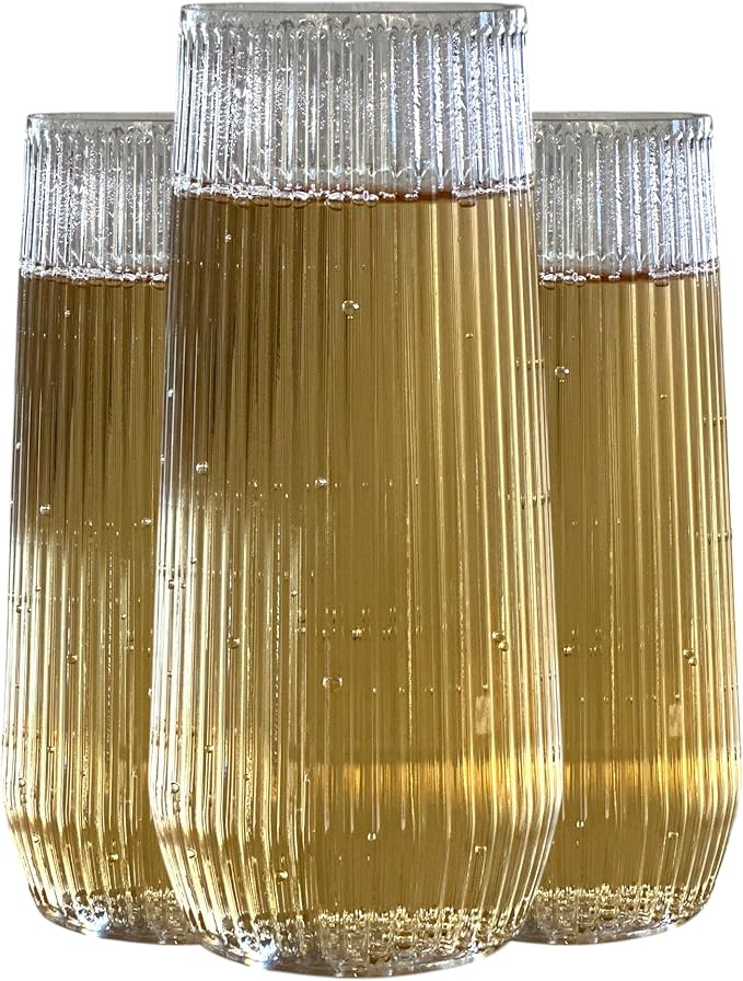 48 Pack Ribbed Ripple Stemless Toasting Glasses, Origami Durable 9 Oz BPA-Free Disposable Plastic Champagne Flutes for Weddings, Bars, Events, and Celebrations (Clear)