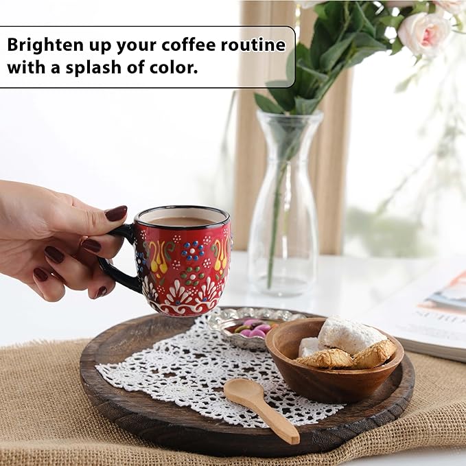 Espresso Cups Set of 2 | 4 oz Small Espresso Cups | Turkish Tea Cups | Demitasse Mugs with Handle | Modern Stackable Ceramic Espresso Mugs Set (RED/BLACK)