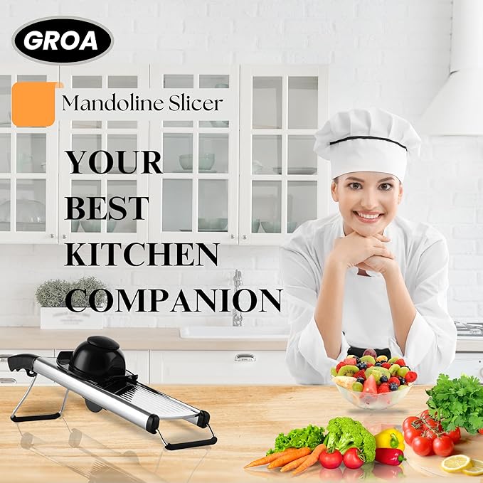 GROA Mandoline Slicer For Kitchen- Mandolin Potato Slicer Onion Slicer Veggie Slicer Tomato Slicer in Kitchen Essentials with Resistant Gloves- Adjustable Stainless Steel Vegetables Slicer Food Slicer