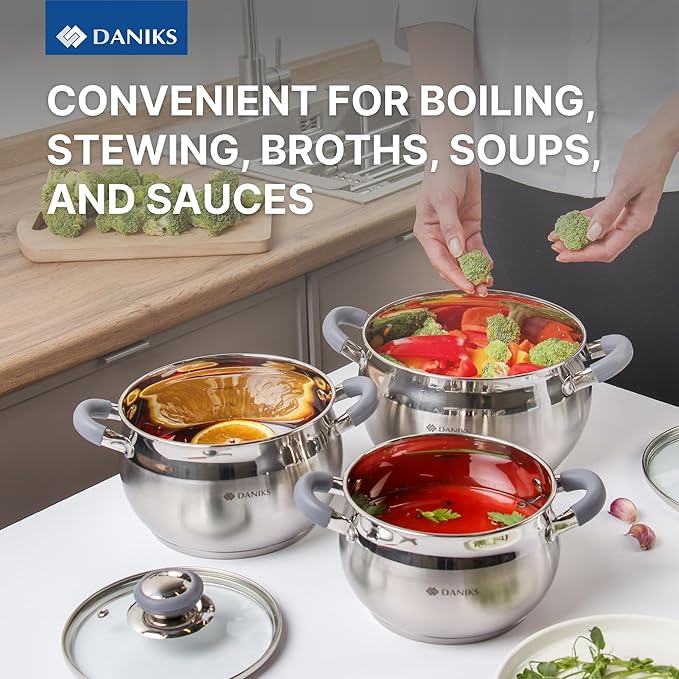 Daniks Modern 6-Piece Stainless Steel Cookware Set with Glass Lids, Tri-Ply Bases for Even Heating, Induction Compatible, Dishwasher Safe, Heatproof Handles