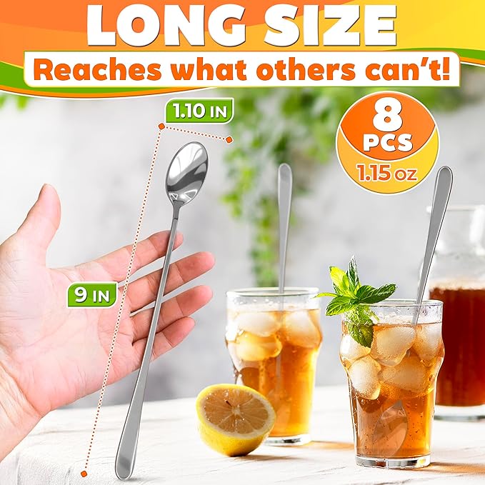 Ice Tea Spoons Long Stainless Steel Set of 8 – 9″ Iced Tea Spoons Long Handle with Classic Elegant Design – Rust-Resistant & Dishwasher Safe | For Milkshakes, Cocktails, Desserts & Tall Glass Drinks