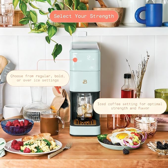 Beautiful Perfect Grind Programmable Single Serve Coffee Maker with Touch Display and Integrated Burr Grinder, Auto Coffee Strength Selection, 64oz Water Reservoir (Hydrangea)