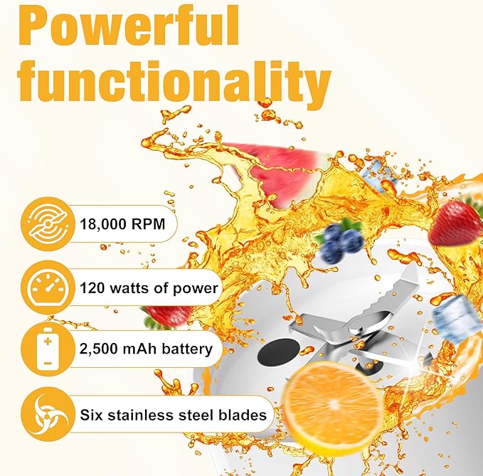 Portable Personal Blender 24oz Vacuum Cup Cordless Blender for 120 Watt Rechargeable Personal Size blender With Stainless Steel Bottle Ideal For-Shakes and Smoothies, BPA Free (White）
