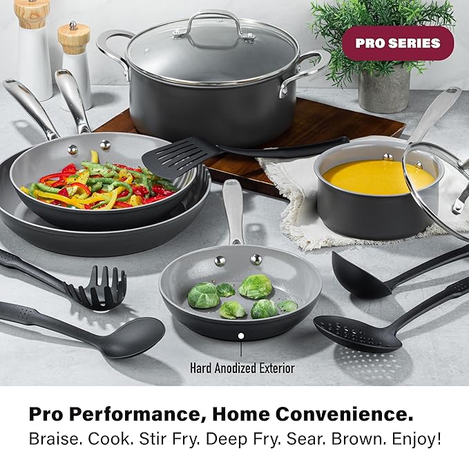 Granitestone Pro 13pcs Pots and Pans Set Non Stick Ceramic Cookware Set with 5 Utensils, Premium Chef Quality Hard Anodized Exterior with Diamond and Mineral Coating, Oven and Dishwasher Safe