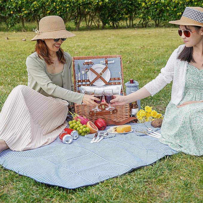 Picnic Baskets for 2, Picnic Basket with Waterproof Blanket, Picnic Basket Set with Washable Beach Mat & Large Insulated Cooler Compartment, Handmade Natural Wicker Hamper for Camping, Outdoor Party