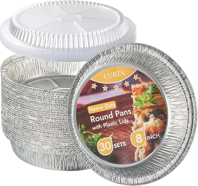 CURTA 8" Round Aluminum Foil Pans with Clear Lids | Heavy Duty | Great for Broiling, Baking, Storage, Roasting, Takeout, Air Fryer | 30 Pack