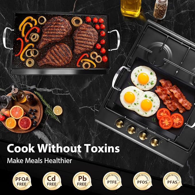 Utheer 17" x 13" Ceramic Nonstick Stainless Steel Griddle for Gas Grill, Charcoal, Stove Top Griddle, Non-Toxic, PFAS/PFOA/PTFE Free, Oven Up to 500°F, for BBQ, Camping & Kitchen, Black