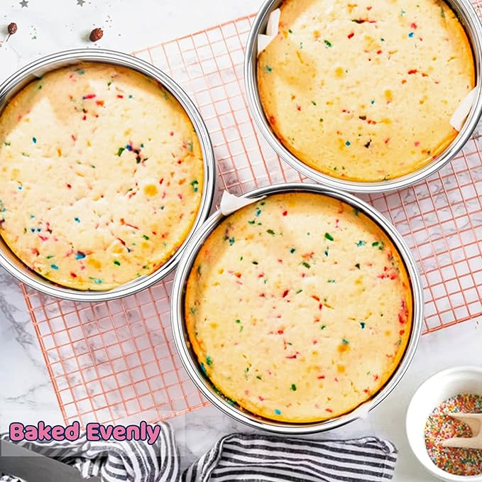 E-far 8 Inch Cake Pan Set of 3, Stainless Steel Round Layer Cake Baking Pans, Non-Toxic & Healthy, Mirror Finish & Dishwasher Safe